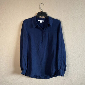 Diane Von Furstenberg Womens 10 Blue Silk Button Down Long Sleeve Blouse‎